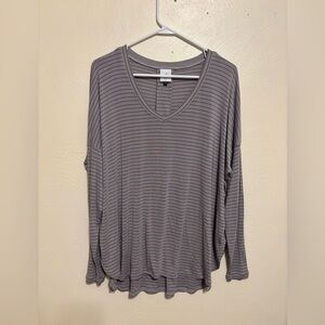 Cabi Striped V Neck Top Womens Large Gray Plum Relaxed Fit Long Sleeve